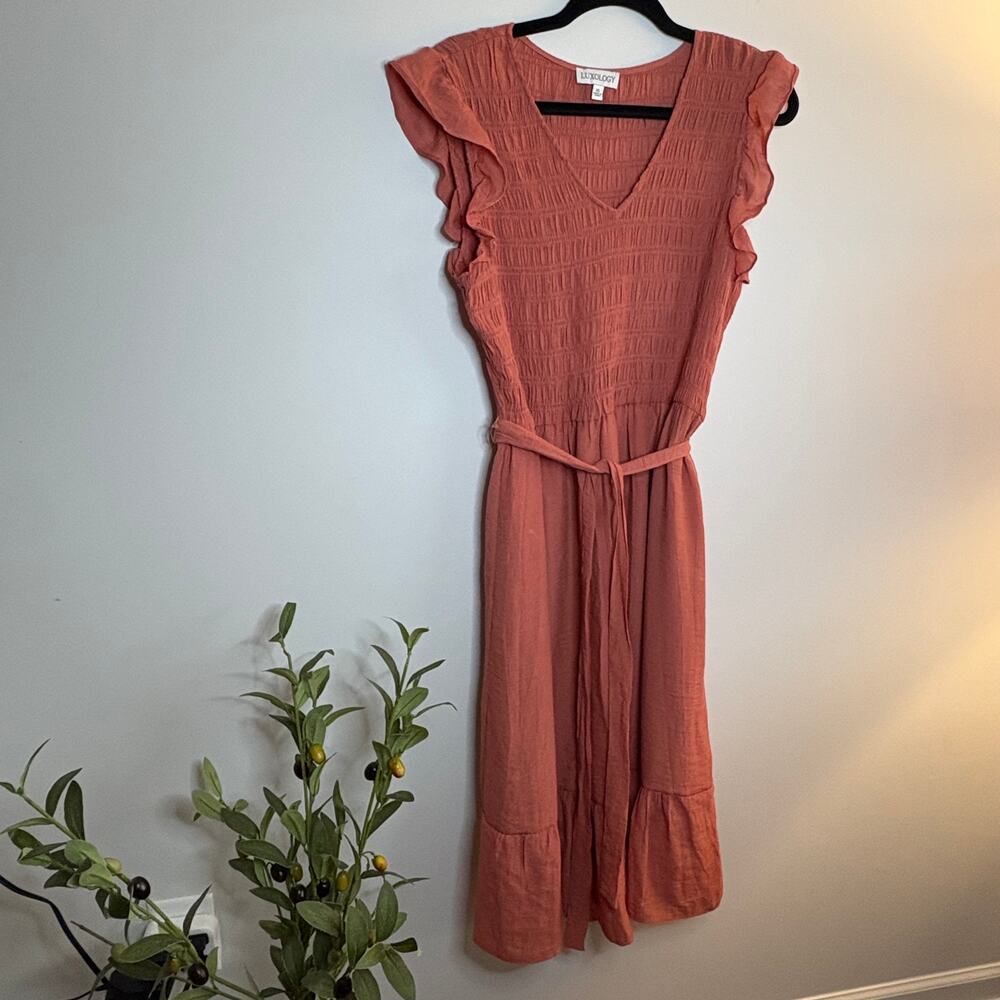 Luxology Earthy Coral Linen-Textured Midi Dress V Neck XL